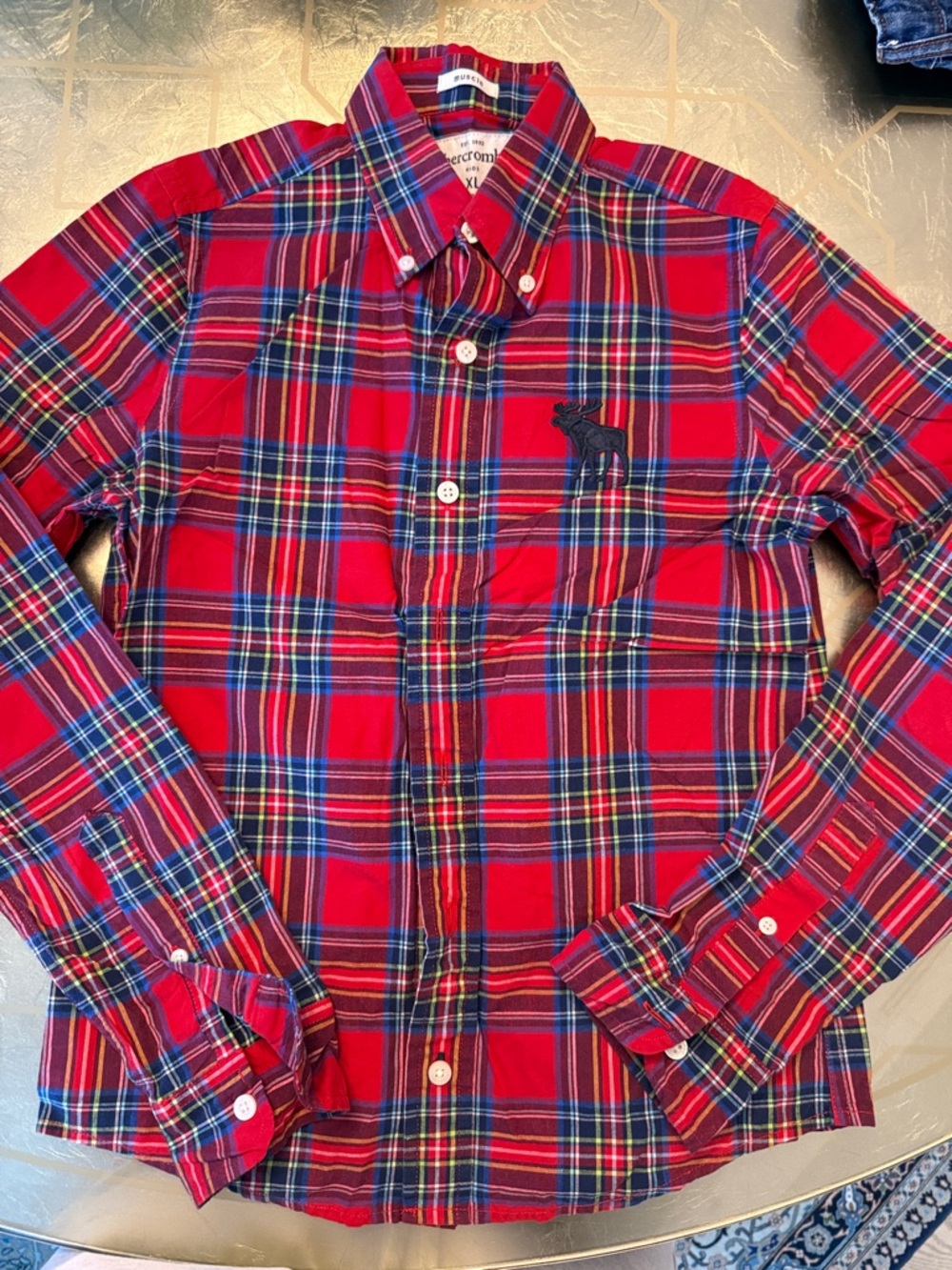 Abercrombie & Fitch Red Plaid Button-Down Shirt with Navy Moose Logo